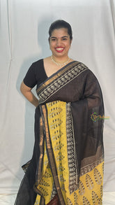 Vriksham Black And Yellow Golden Border Kota Cotton Saree-VS4463